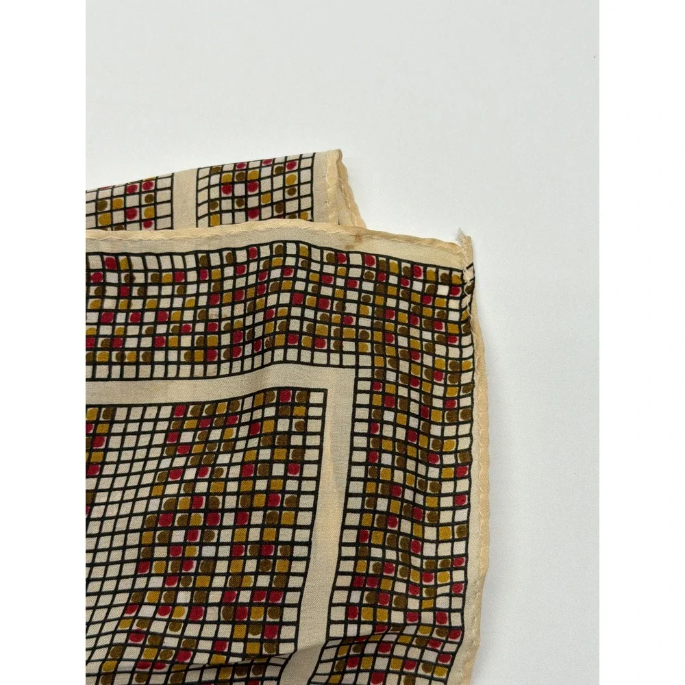Vintage Square Silk Scarf Geometric Grid‎ Dot Pattern Cream Burgundy 26 Inch